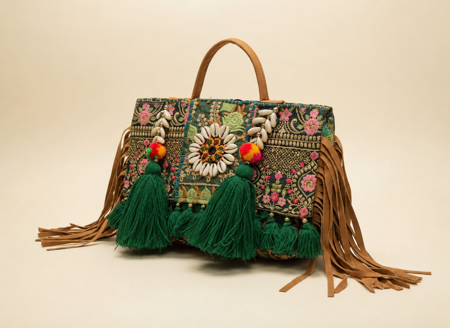 Handcrafted Jaipur Embroidered Tassel Clutch Bag - Beige