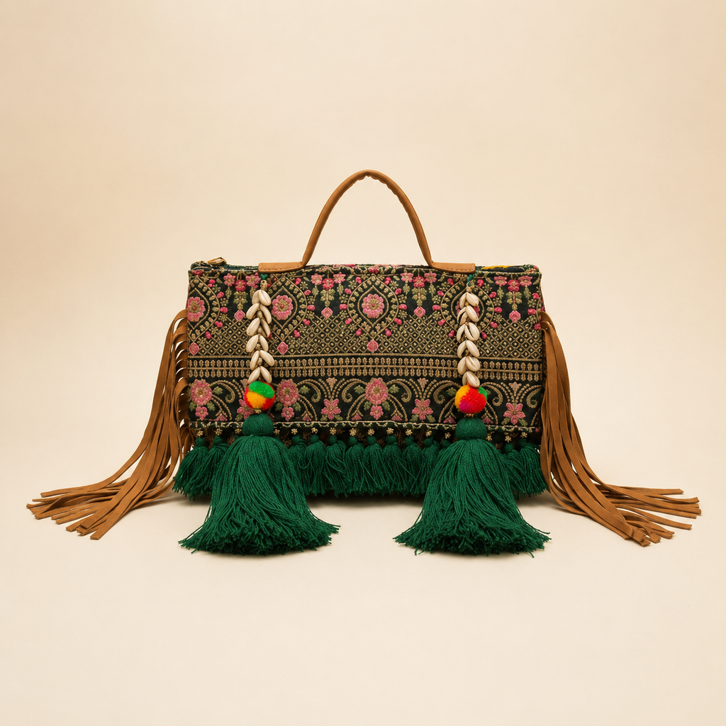 Handcrafted Jaipur Embroidered Tassel Clutch Bag - Beige