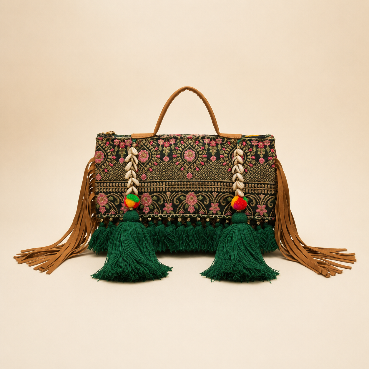 Handcrafted Jaipur Embroidered Tassel Clutch Bag - Beige