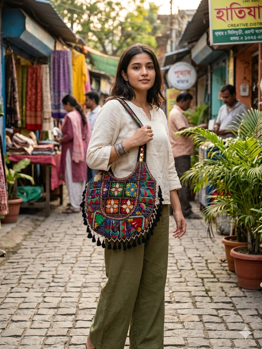 Handcrafted Jaipur Embroidered Boho Tote Bag - Brown