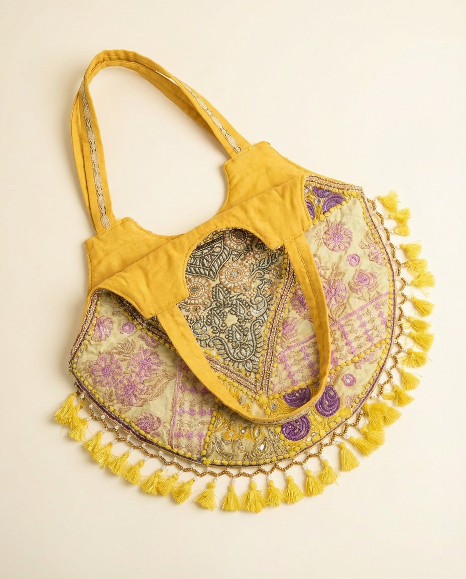 Handcrafted Jaipur Embroidered Boho Tote Bag - Yellow