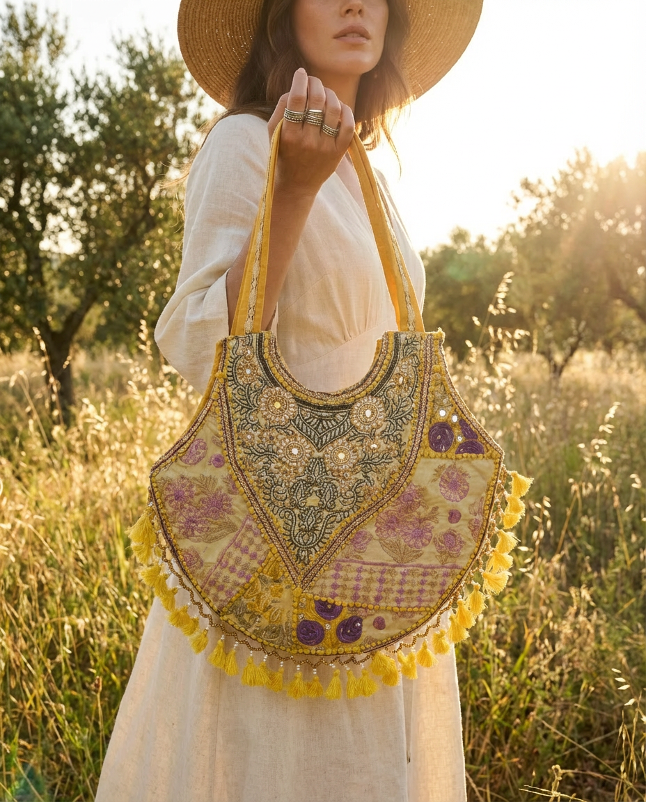Handcrafted Jaipur Embroidered Boho Tote Bag - Yellow