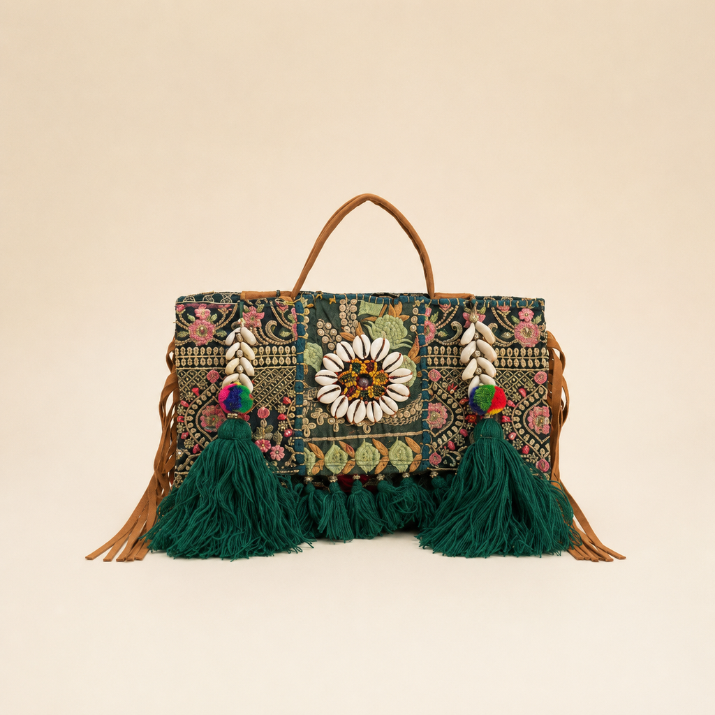 Handcrafted Jaipur Embroidered Tassel Clutch Bag - Beige