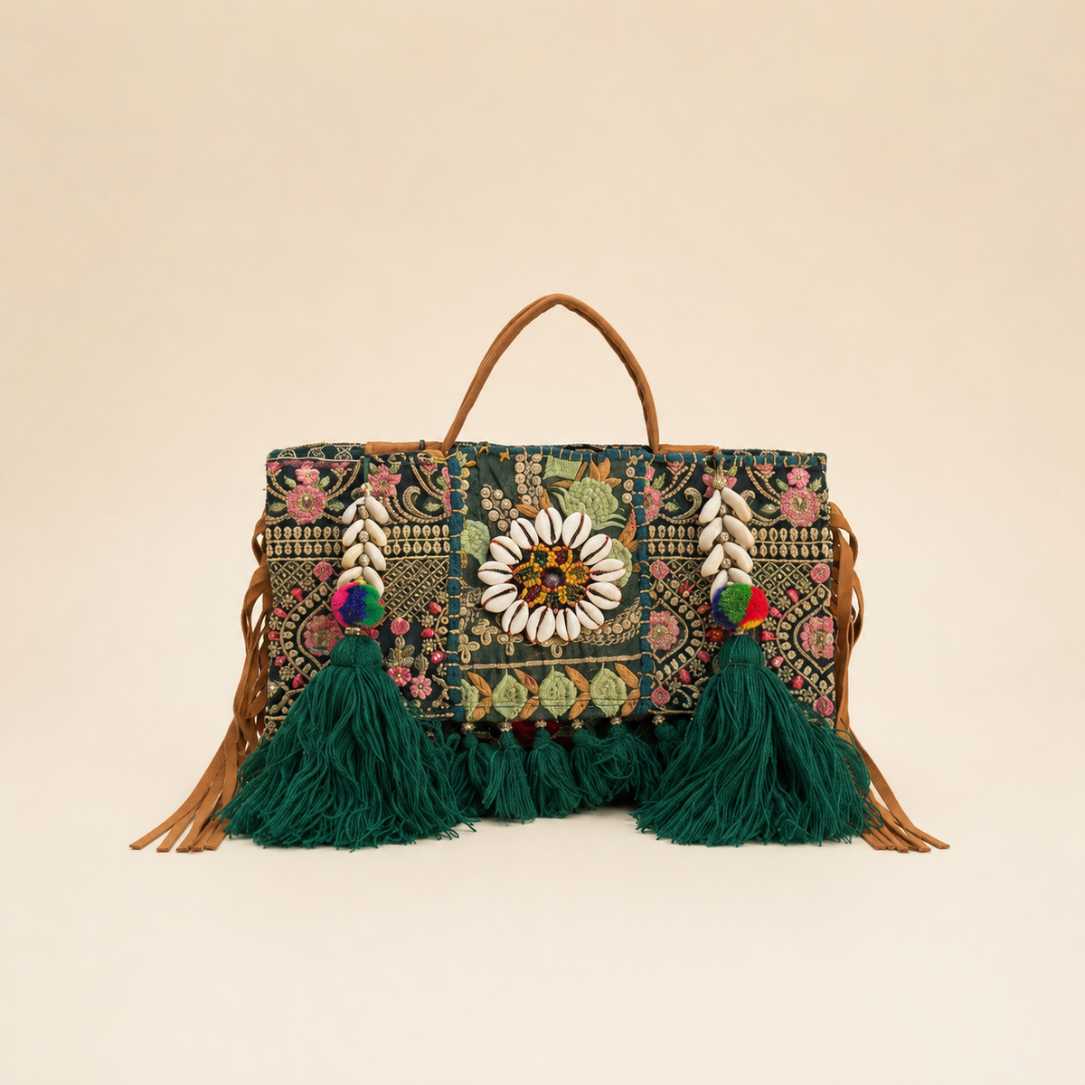 Handcrafted Jaipur Embroidered Tassel Clutch Bag - Beige